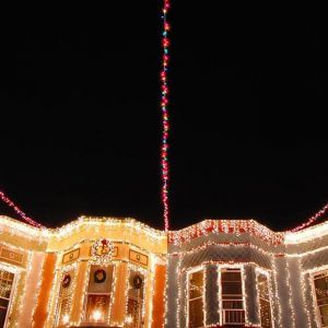 Christmas lights adorn the row houses 